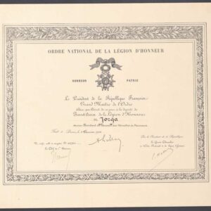 Brevet al Ordinului „Legiunea Onoare”, în rang de Mare Cruce, conferită lui Nicolae Iorga de președintele Republicii Franceze, la 5 februarie 1936, Paris, Franța
